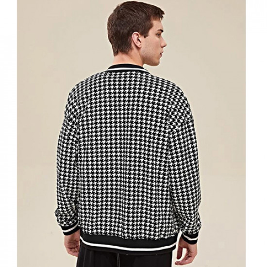 Men Striped Trim Houndstooth Bomber Jacket