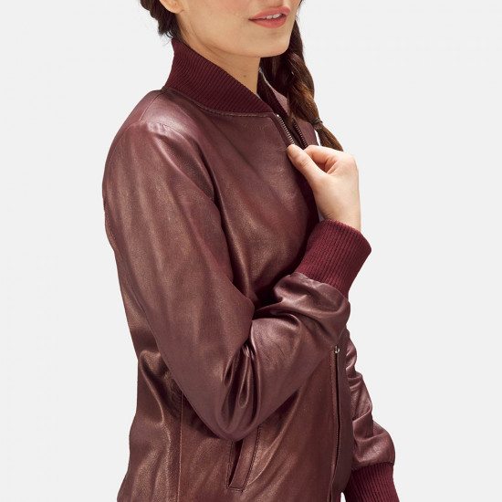 Reida Maroon Leather Bomber Jacket