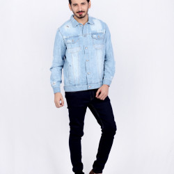 Mild Blue Distressed Denim Jacket with Acid Finishing for Men