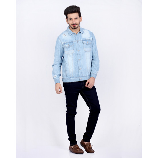 Mild Blue Distressed Denim Jacket with Acid Finishing for Men