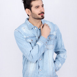 Mild Blue Distressed Denim Jacket with Acid Finishing for Men