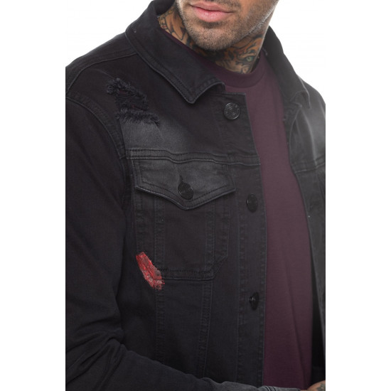 Distressed Denim Jacket Skinny Fit - Black