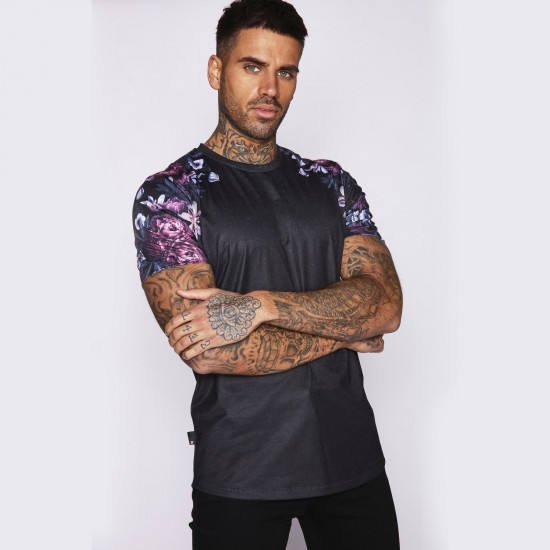 Sleeve Purple Floral T-Shirt - Black